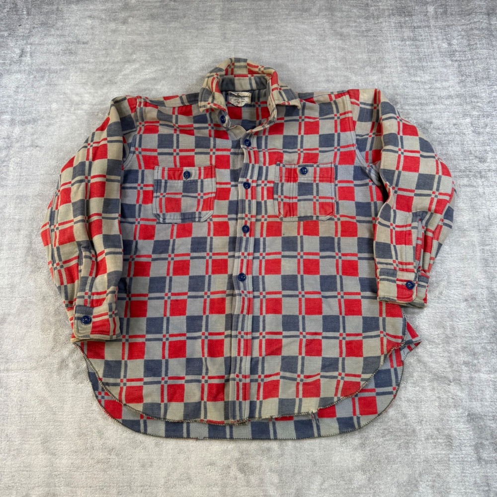 Champion Shirt Mens 15 Blue Vintage 70s Shacket Plaid Checkered Workwear Grunge
